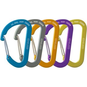 Aranya wire snap gate carabiner in blue, grey, orange, purple and yellow